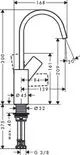 Einhebel-Waschtischmischer von Hansgrohe mit Schwenkauslauf. Technische Zeichnung mit Abmessungen und Anschlussdetails, ohne Ablaufgarnitur.